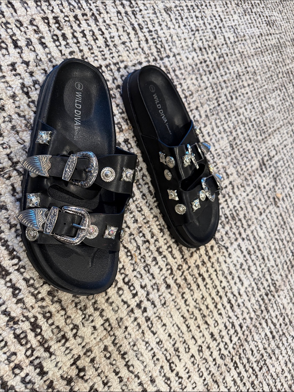 Black Studded Buckle Slide Sandals with Silver Accents